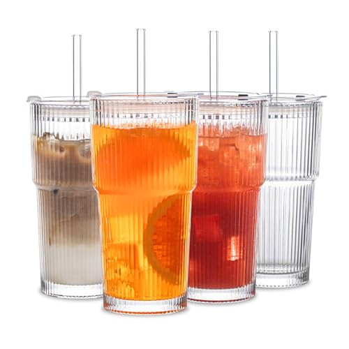 Amazon.com: INSETLAN 20 oz Ribbed Glass Tumblers with Lids and Glass Straws – 4-Piece Glassware... | Amazon (US)