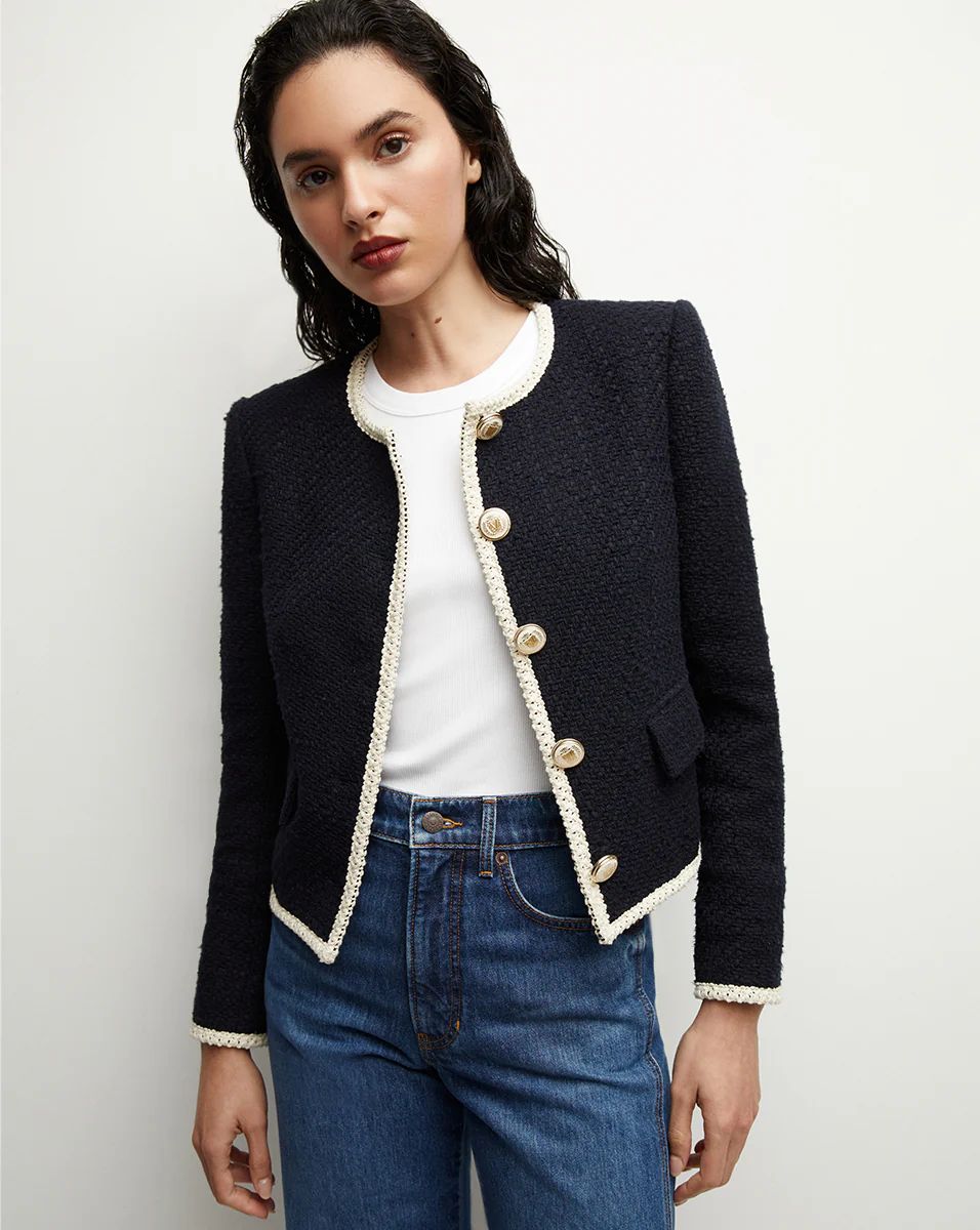 Mabel Collarless Tweed Jacket in Navy | Veronica Beard | Veronica Beard