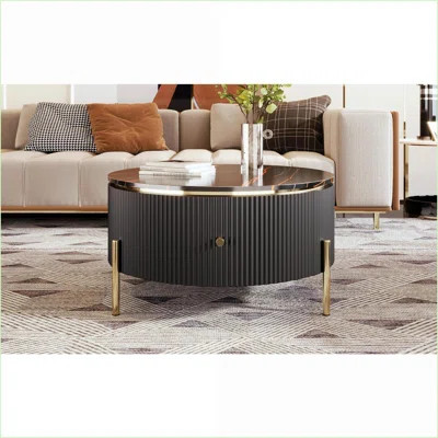 Modern Round Coffee Table with Gold Metal Base – 2 Drawers Storage, Easy-Clean Black MDF Top for Living Room | Wayfair North America