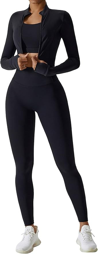 Workout Sets for Women 3 Piece High Waisted Seamless Leggings Crop Top Jacket Gym Yoga Outfit Str... | Amazon (US)