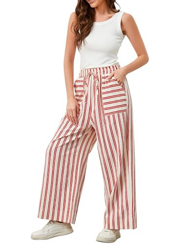 Ymejia Women's Wide Leg Striped Linen Pants Loose Fit Drawstring Comfy High Waist Striped Lounge Pants with Pocket Red White | Amazon (US)