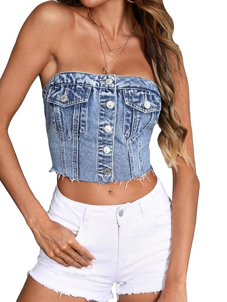 SHENHE Women's Strapless Button Up Shirred Raw Hem Sexy Fitted Crop Denim Tube Top | Amazon (US)