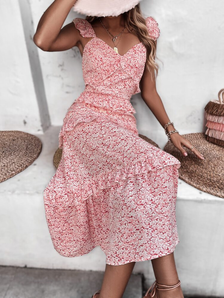Allover Print Ruffle Trim Layered Hem Dress | SHEIN