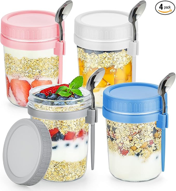 DRKIO 4 Pack Overnight Oats Containers with Lids and Spoons 16 Oz Glass Mason Jars for Overnight ... | Amazon (US)
