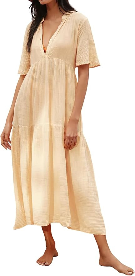 R.Vivimos Womens Summer Cotton Flowy Maxi Dress Short Sleeve V Neck Empire Waist Boho Tiered Ruff... | Amazon (US)