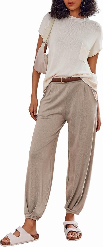 Ekouaer Women's 2 Piece Lounge Set Cap Sleeve Tops and Jogger Pants Knit Pajama Sweatsuit S-XXL | Amazon (US)