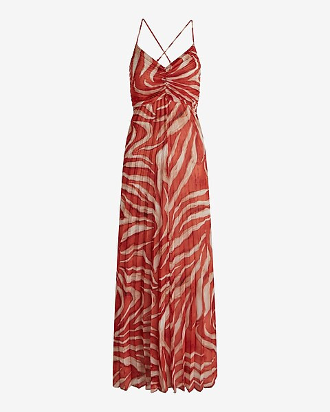 Printed V-Neck Pleated Cross Back Maxi Dress | Express