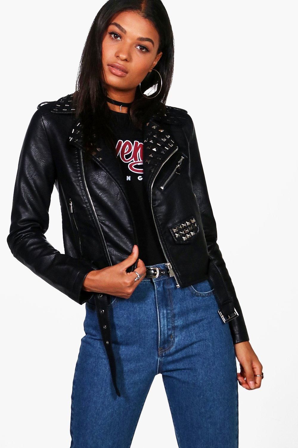 Tara Studded Faux Leather Biker | Boohoo.com (UK & IE)