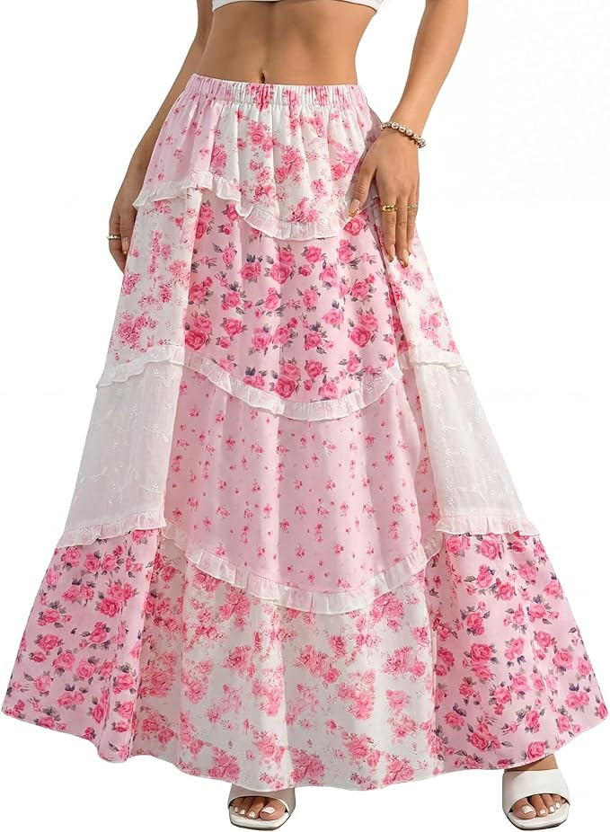 Women Patchwork Floral Maxi Skirt 2026 Summer Boho Flowy Long Skirt Casual Vacation Elastic Waist... | Amazon (US)