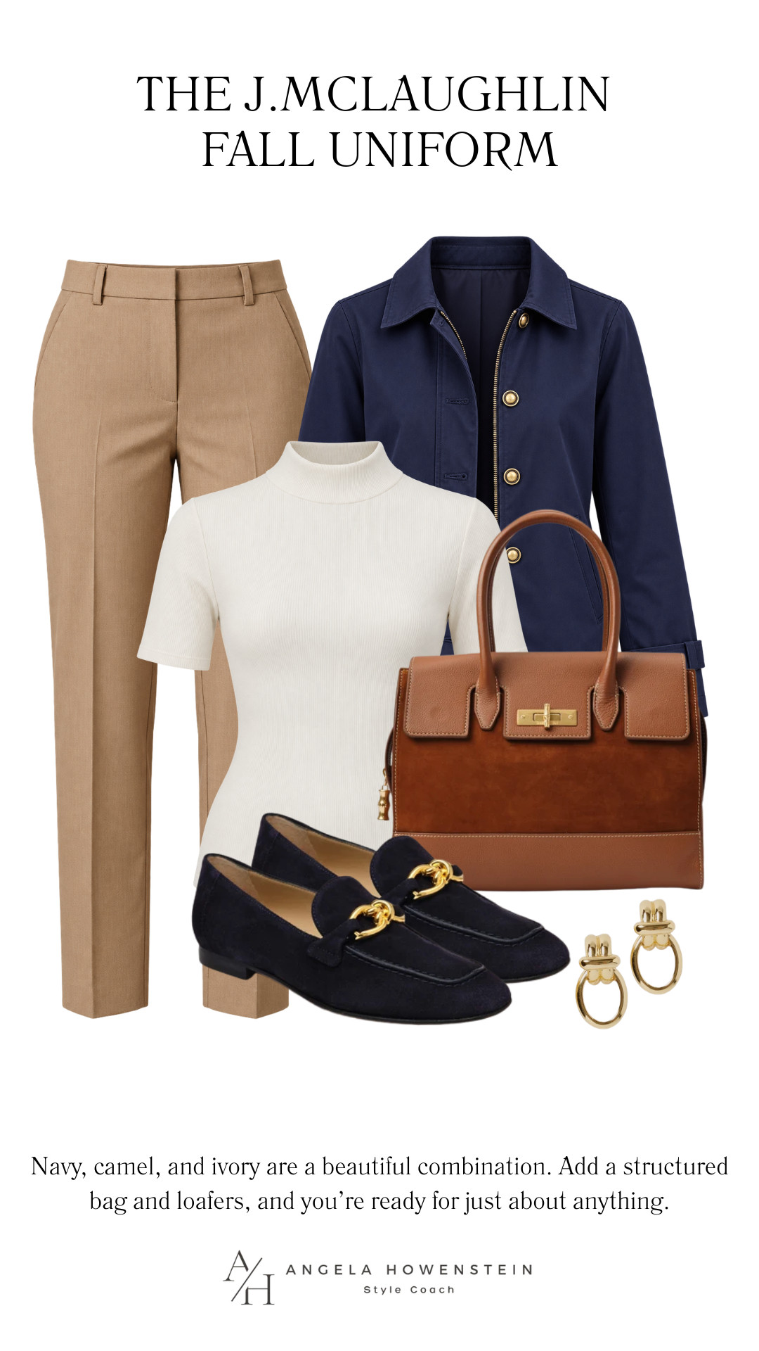 The J. McLaughlin fall uniform is all about timeless pieces that work beautifully together.  

A classic navy jacket, tailored camel trousers, an ivory knit top, and navy loafers create a polished outfit you can wear to lunch, meetings, shopping, or dinner. 

👩‍💻 LTK PRO TIPS
❤️ Heart = Support my posts ;-)
🔖 Save = Get sale & restock alerts for the things you love!
📋 Lists = Keep favorites organized (List ideas: Christmas, Birthdays, and Vacations!)
📲 Share = Send lists and products to a friend (or your daughters like me).
💬 Comment = Ask me anything, and I’ll answer. ;-) 

 #LTKootd #LTKSeasonal #LTKOver40