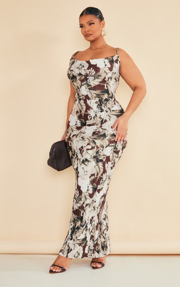 Plus Brown Floral Printed Plisse Cowl Neck Maxi Dress | PrettyLittleThing CAN