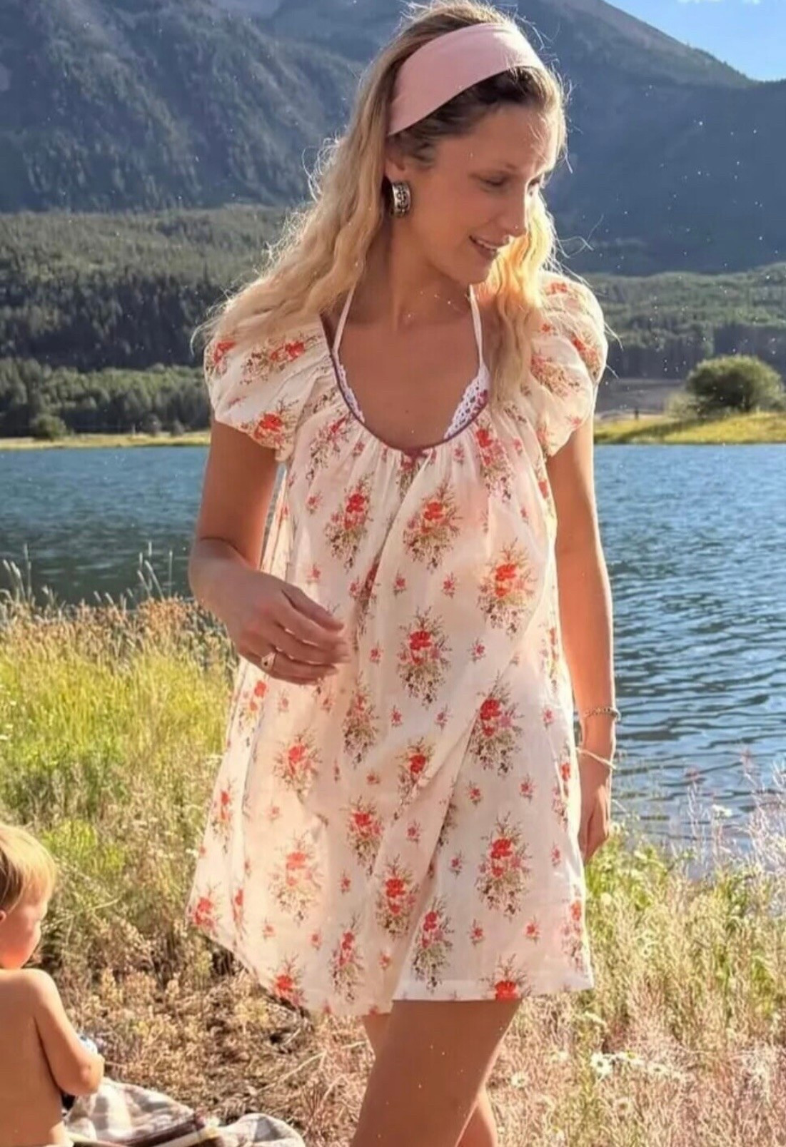 Bella Hadid Floral Print Organic Cotton Shift Dress and Embroidered Trim Bikini Top