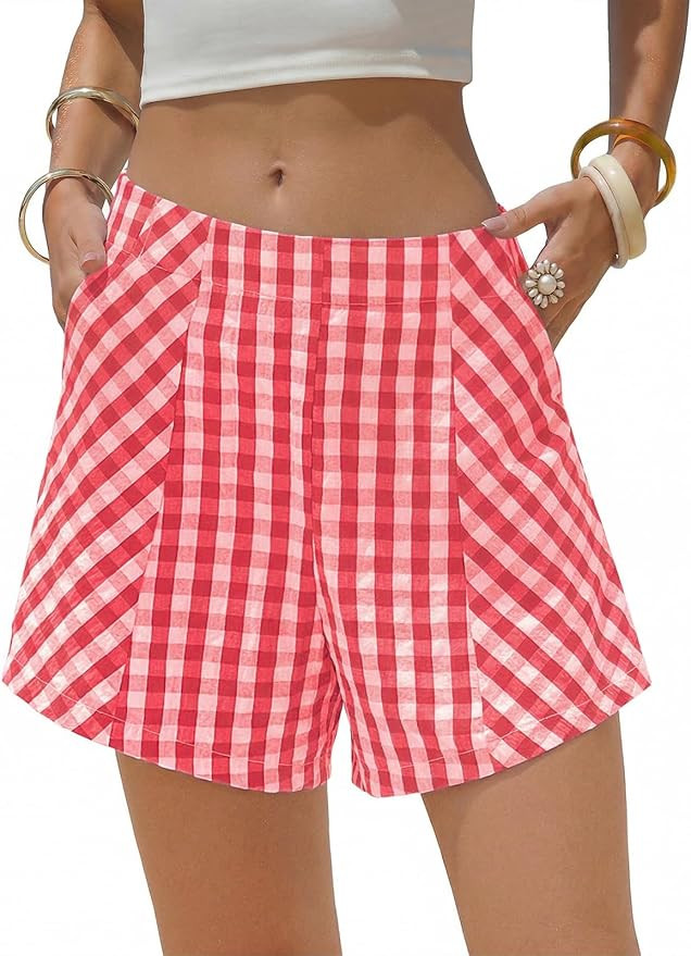 EXLURA Womens Cotton Boxer Shorts Faux Linen Gingham Shorts Summer High Waist Plaid Y2K Beach Bot... | Amazon (US)