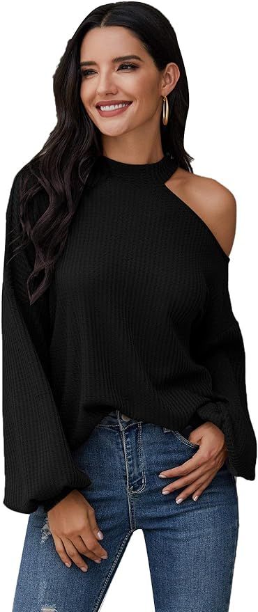 Romwe Women's Waffle Knit Tunic Tops Cold Shoulder Long Sleeve Loose Blouse Shirts | Amazon (US)