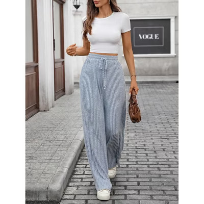 Women's Wide Leg Lounge Pants Lightweight High Waisted Adjustable Tie Knot Loose Fit Trousers with Pockets Blue XL | Target