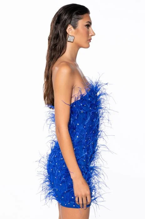 PRIMROSE STRAPLESS EMBELLISHED FEATHER MINI DRESS IN BLUE | AKIRA