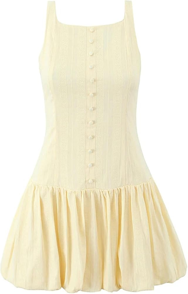 Women's Sexy Backless Sleeveless Short Dress Front Button A-Line Mini Dresses Holiday Cotton Robe | Amazon (US)