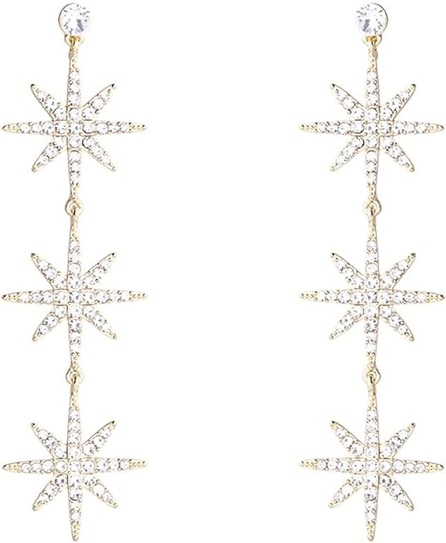 Blingsoul Gold 3 Star Earrings - Silver Crystal 3 Hexagonal Snowflakes Dangling Wedding Jewelry for Women Bride | Amazon (US)