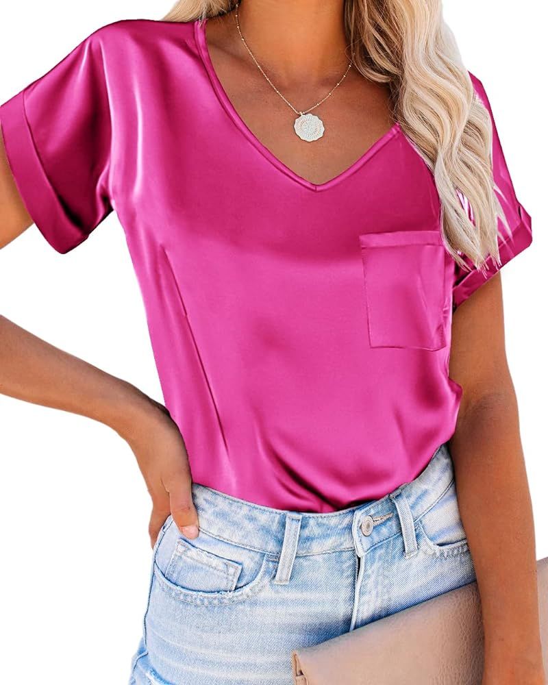 Chigant Satin Tops for Women Short Sleeve Silk Shirt V Neck Blouses for Work | Amazon (US)