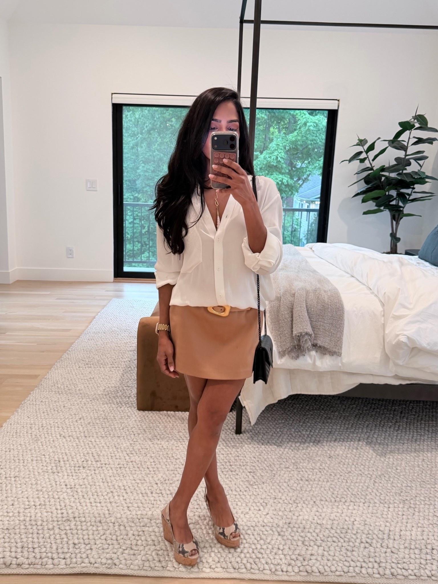 Finley oversized silk button down and skirt, Alice and Olivia. Available items tagged