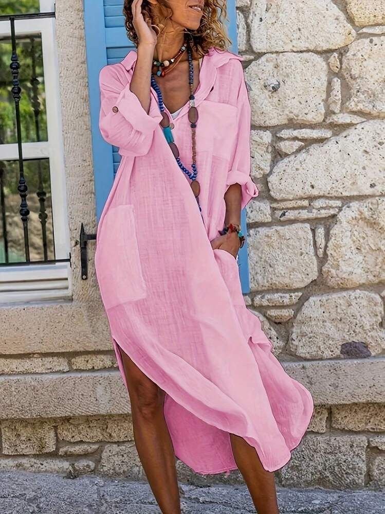 Solid Color Elegant Bohemian Woven Fabric Pocket Button Front Long Sleeve Casual Dress, Spring/Summer | SHEIN