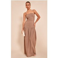 Taupe Stretch Woven Strappy Ruched Maxi Dress | PrettyLittleThing UK