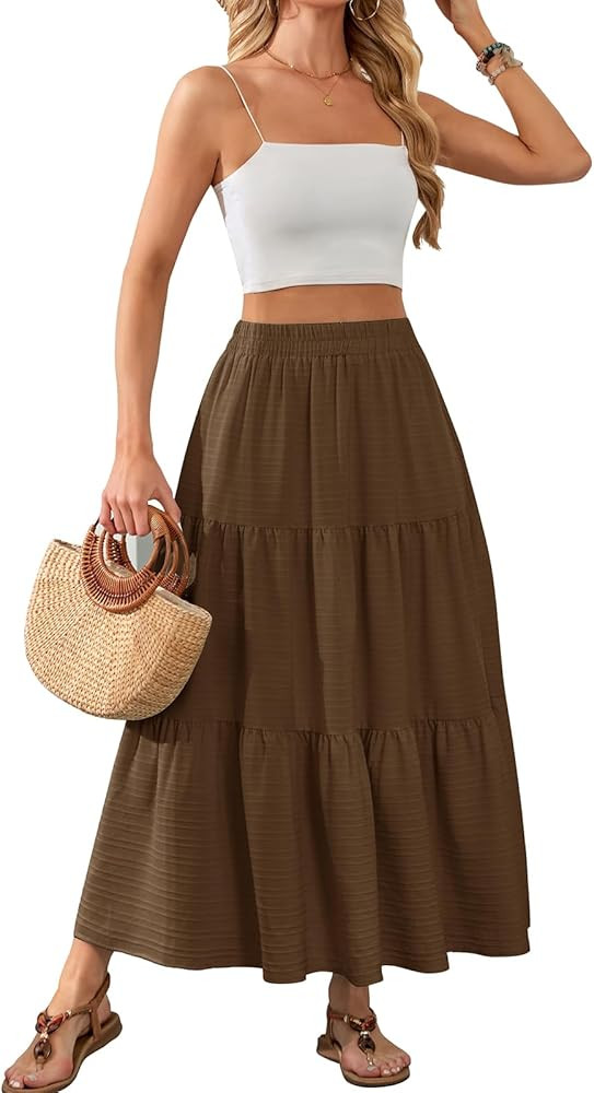 HUSKARY Women's Summer Casual Elegant Smock Layered Tiered Maxi Skirt High Waisted A Line Flowy L... | Amazon (US)
