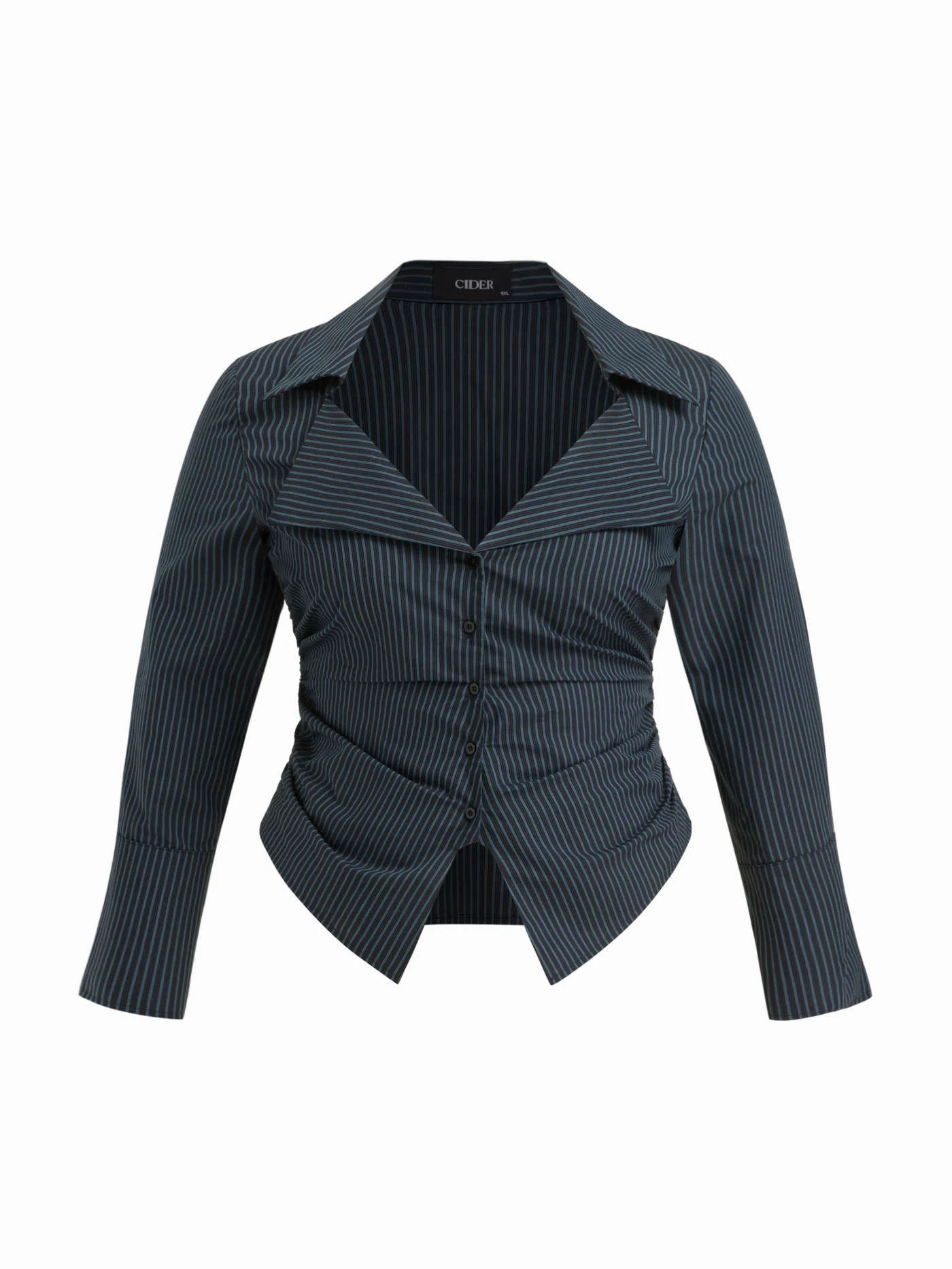 Cotton-blend Stripe Collar Long Sleeve Ruched Belted Shirt Curve & Plus | Cider