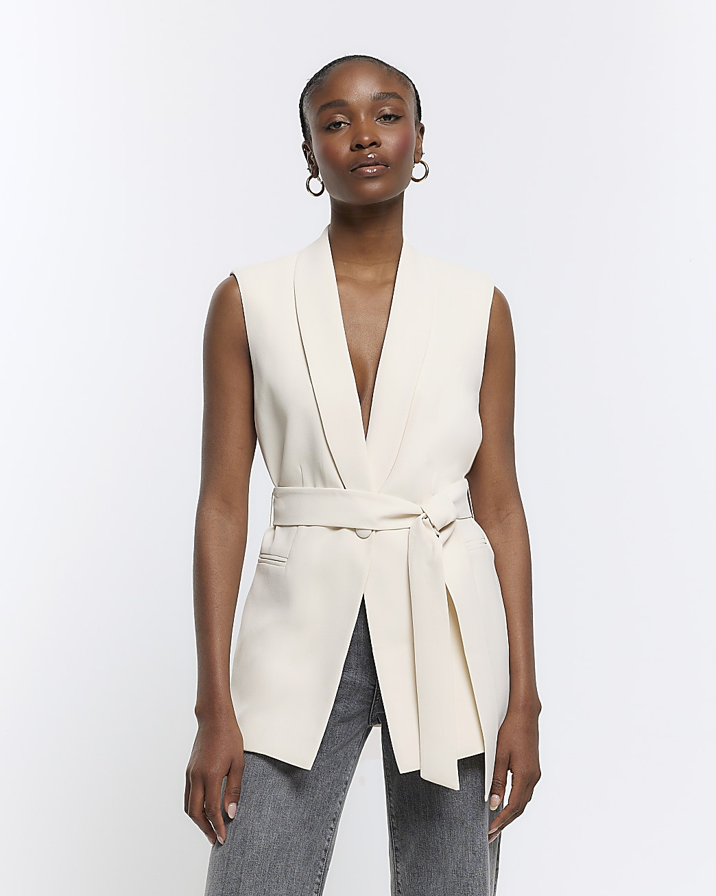 Cream Belted Longline Waistcoat | River Island (UK & IE)