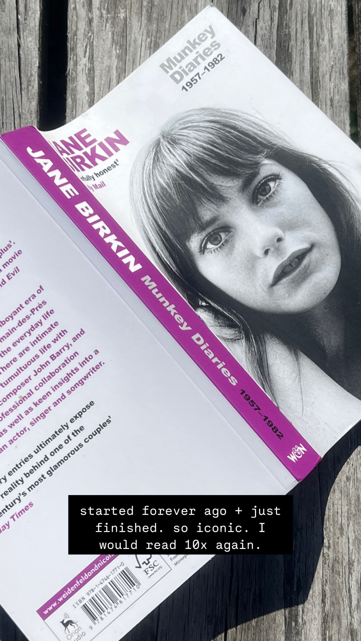 Finally finished Munkey Diaries by Jane Birkin—equal parts raw, romantic, and completely iconic. Felt like reading a private letter from a different era. If you love a whimsical, melancholic, creative soul… this one’s for you