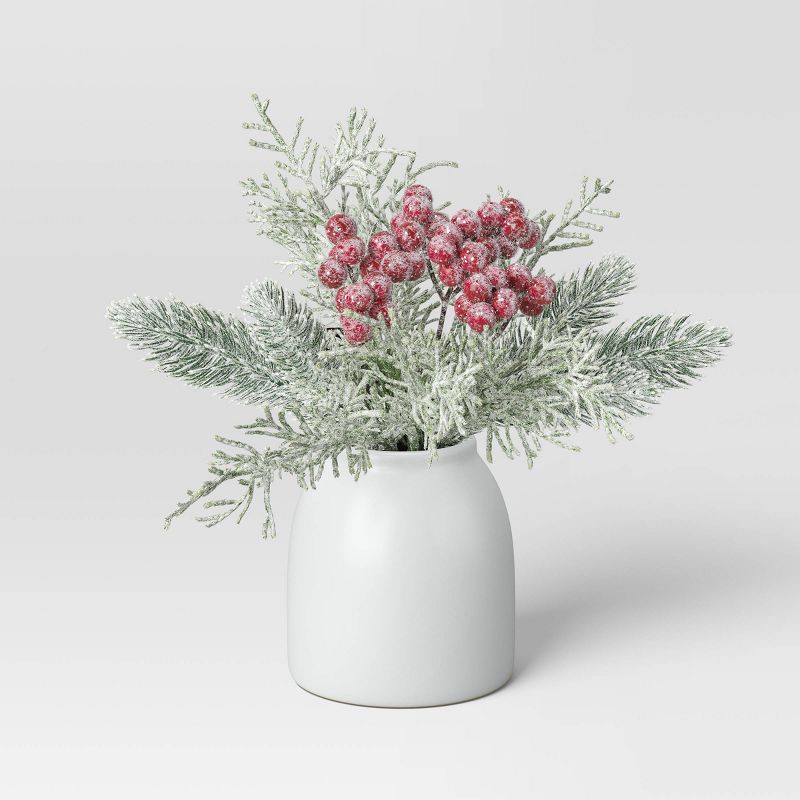 Artificial Flocked Pine and Red Berry Arrangement - Threshold™ | Target