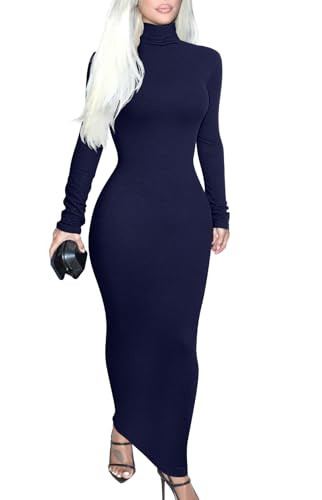 Memoriesea Women's Basic Turtleneck Long Sleeve Ribbed Bodycon Fall Slim Solid Maix Pencil Dress | Amazon (US)