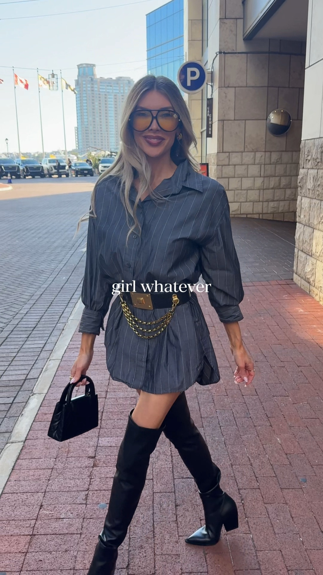 When you mean business, but with a side of spice. My charcoal pinstripe shirt dress is Enza Costa, I linked an exact one from Poshmark and some similar looks. My AllSaints over the knee leather boots are a staple, linked similar styles from this season. My Chanel mini Kelly shopper will definitely be a bag I pass down to my daughter. My sunglasses are from Amazon and definitely give Bottega vibes. 🖤

#LTKShoeCrush #LTKStyleTip #LTKItBag