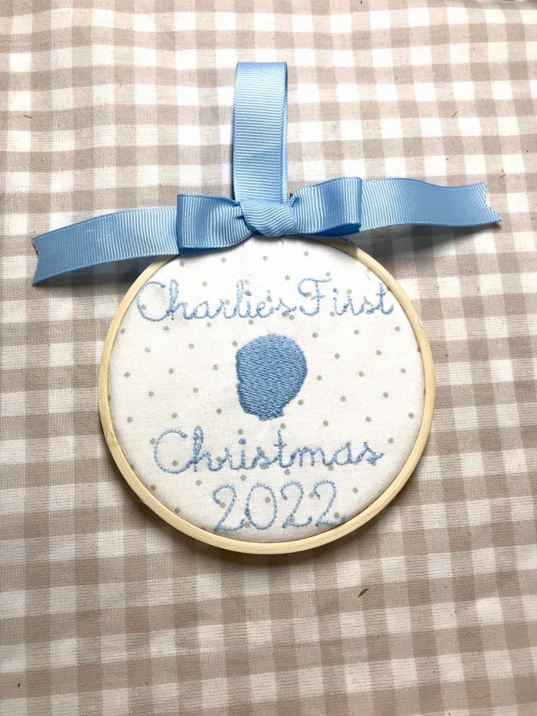Baby’s first personalized Christmas silhouette embroidered ornament blue stocking stuffer baby ... | Etsy (US)