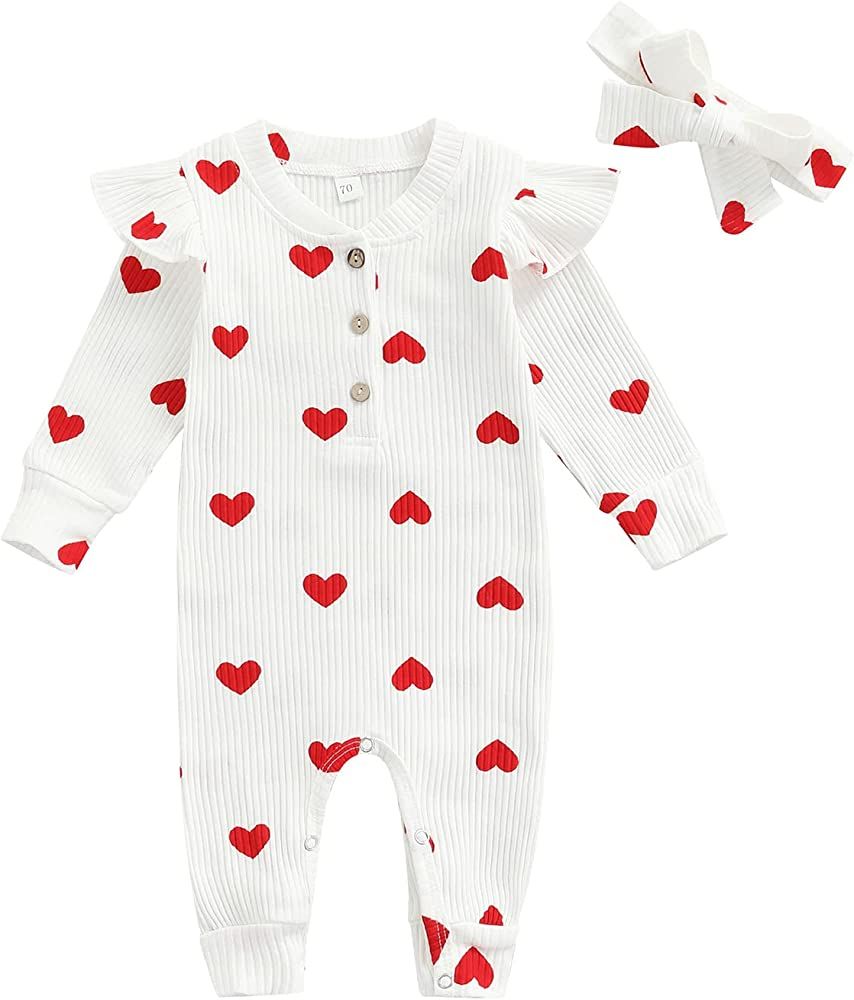 My First Valentines Day Baby Girl Outfit Newborn Long Sleeve Button Jumpsuit Heart Knit Bodysuit + H | Amazon (US)