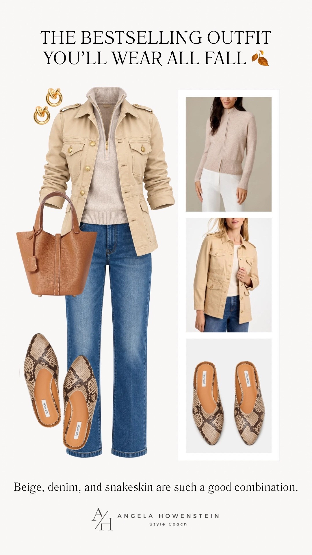 This bestselling outfit is an easy fall favorite! A versatile beige utility jacket layered over a cozy neutral knit, classic blue jeans, and snakeskin flats make a timeless combination you can wear for lunch, shopping, errands, or a casual day out.

👩‍💻 LTK PRO TIPS
❤️ Heart = Support my posts ;-)
🔖 Save = Get sale & restock alerts for the things you love!
📋 Lists = Keep favorites organized (List ideas: Christmas, Birthdays, and Vacations!)
📲 Share = Send lists and products to a friend (or your daughters like me).
💬 Comment = Ask me anything, and I’ll answer. ;-)