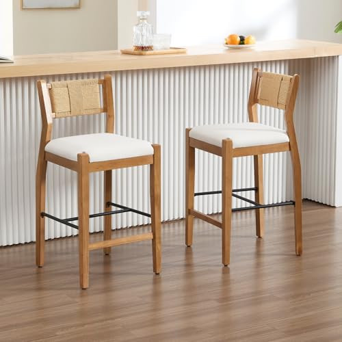 CIMOTA Rattan Counter Height Bar Stools Set of 2, 26" Farmhouse Barstools with Woven Backs, Boho ... | Amazon (US)