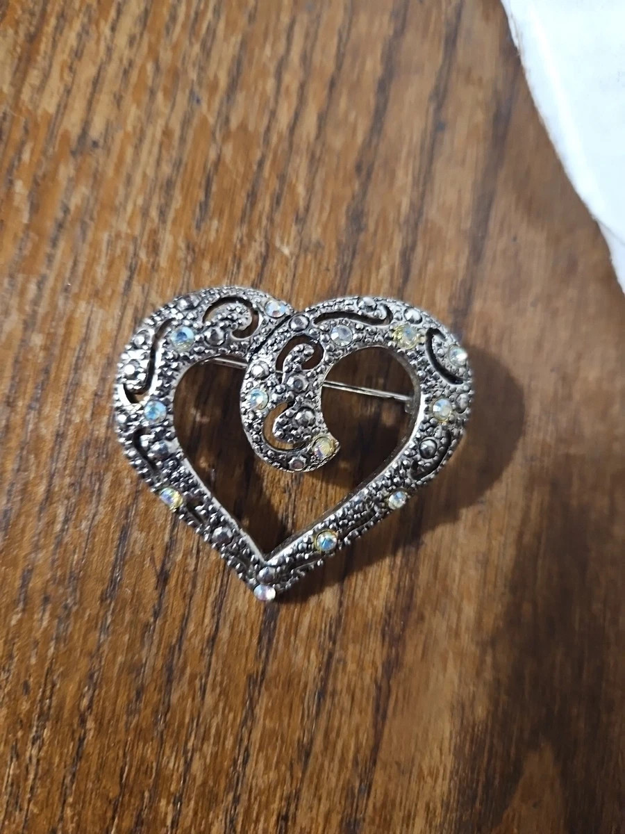 Vintage AAI Silver Tone Pink AB Rhinestones Faux Marcasite Heart Brooch Pin | eBay US