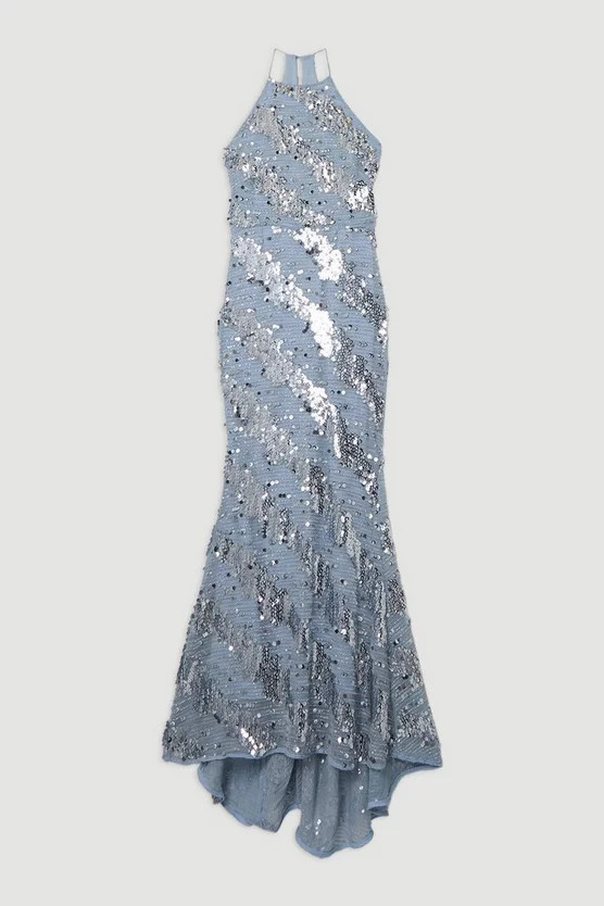 Petite Placed Sequin Fishtail Maxi | Karen Millen | Karen Millen UK + IE + DE + NL
