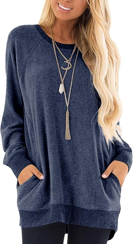 Amazon.com: Tunic Tops to Wear with Leggings Crewneck Sweatshirts for Women with Pockets Navy Blu... | Amazon (US)
