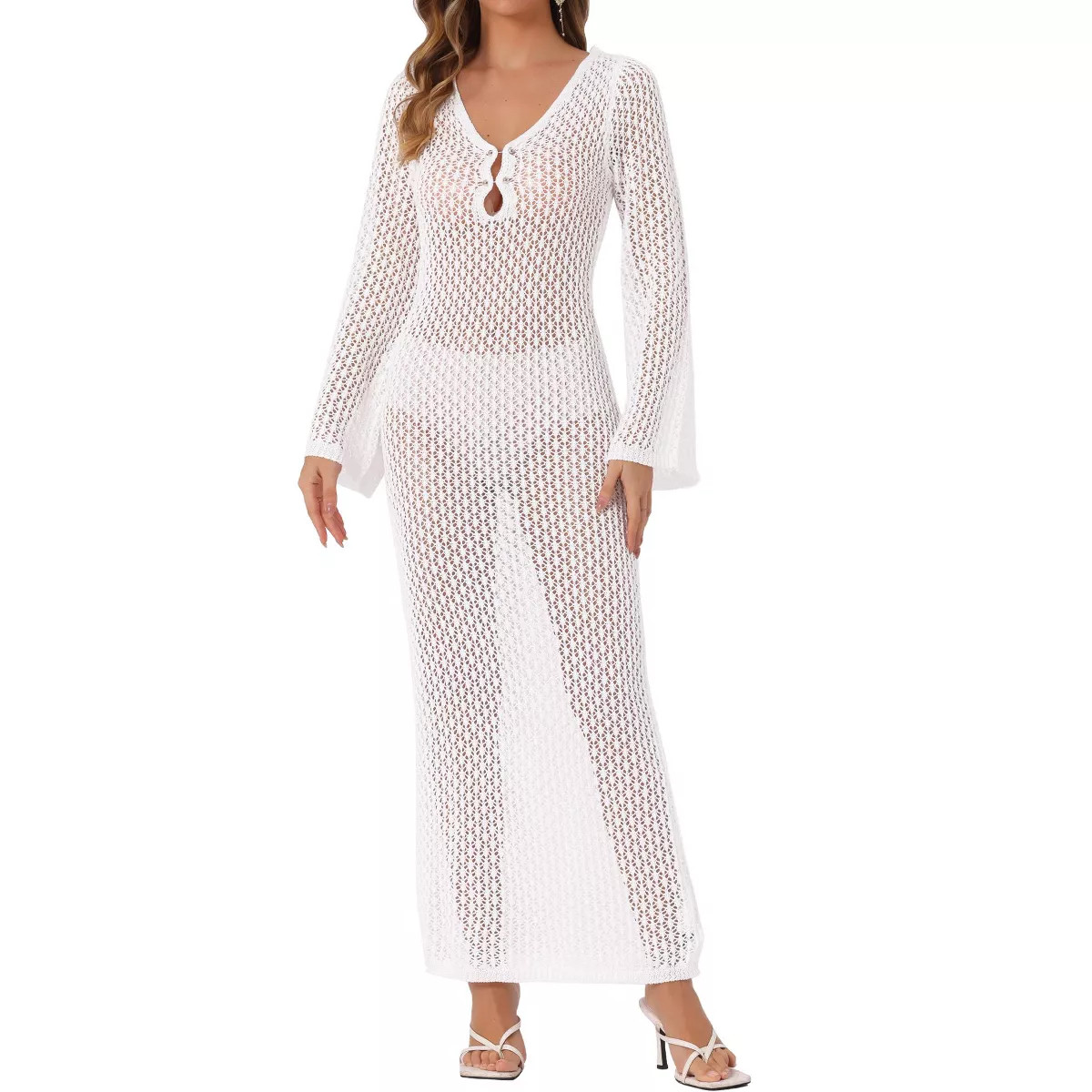 INSPIRE CHIC Women's Long Sleeve V Neck Hollow Out Bathing Beach Crochet Swimsuit Cover Up | Target