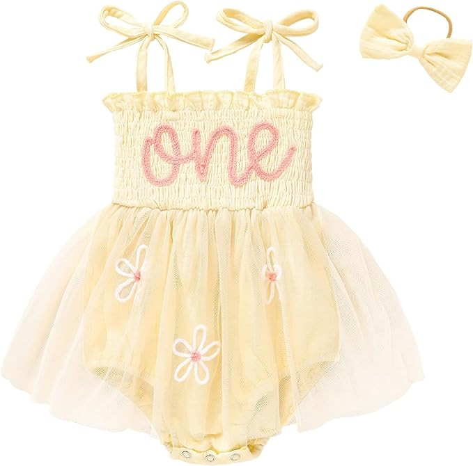 Baby Girl 1st Birthday Clothes One Year Old Tulle Romper Sleeveless Bodysuit Cake Smash Outfits | Amazon (US)