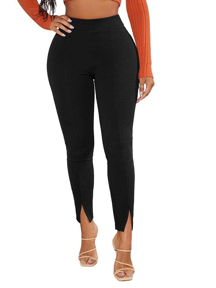 Floerns Women's Elastic High Waist Legging Pants Split Hem Elegant Skinny Trousers | Amazon (US)
