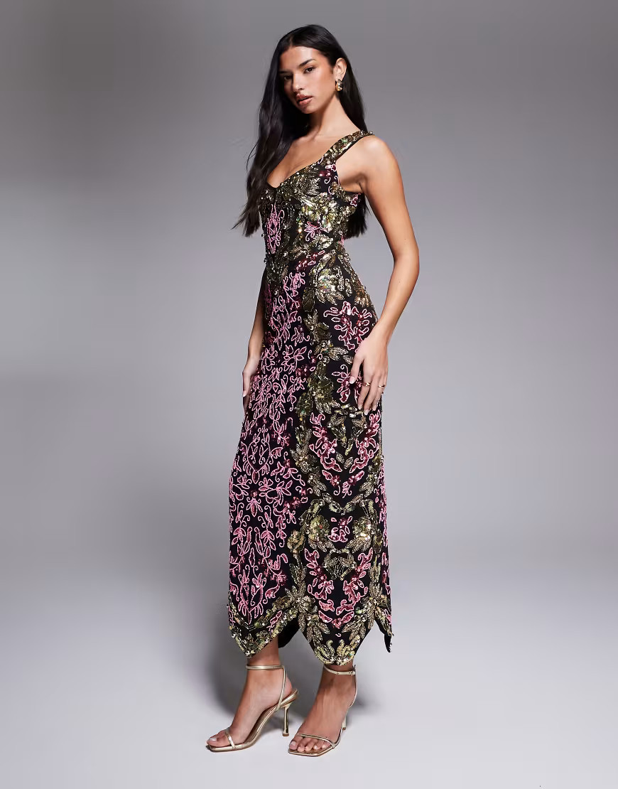 ASOS LUXE embellished beaded maxi dress in black and gold-Multi | ASOS (Global)