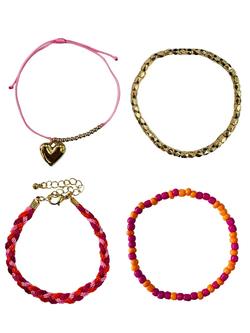 No Boundaries Women's Assorted Gold Plated and Pink Bracelets with Heart and Hammered Circle Char... | Walmart (US)