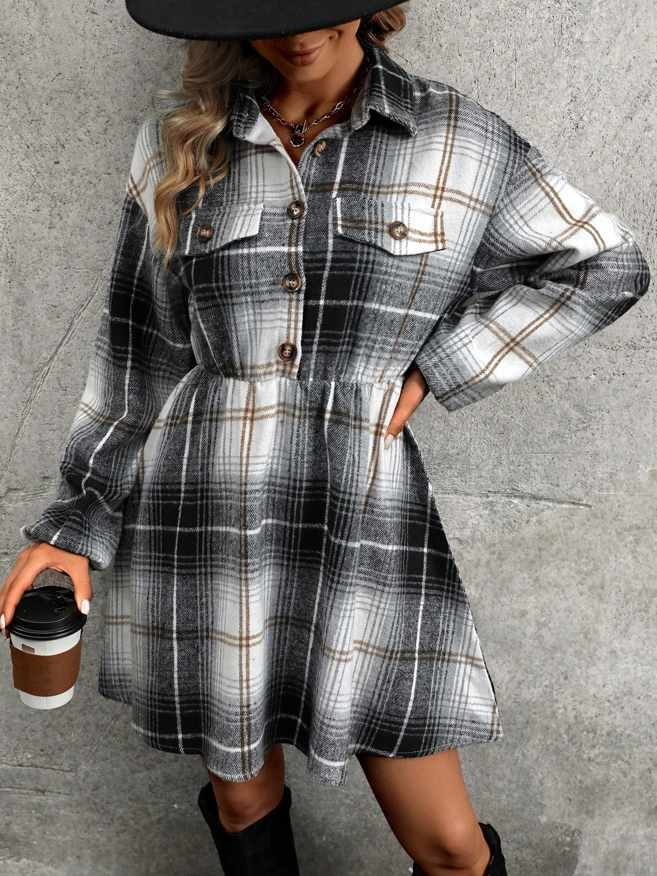 SHEIN LUNE Women's Plaid Turn-down Collar Dress | SHEIN