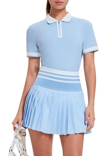 Tennis Skirt Sets for Women Zipper Color Block High Waisted Golf Polo Two Piece Skirt Set Women 2 Piece Outfits Blue | Amazon (US)