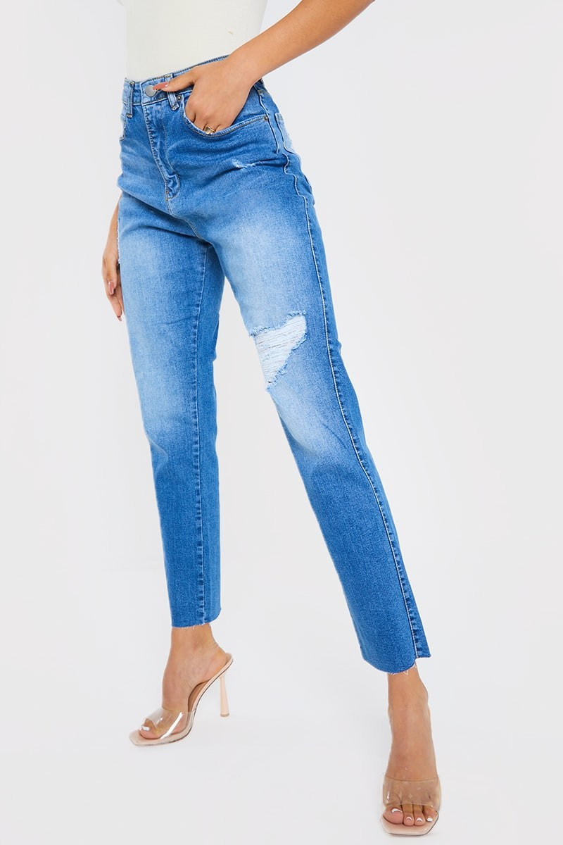 PETITE JAC JOSSA BLUE WASHED RIPPED HIGH WAISTED STRETCH MOM JEANS | In The Style (UK)