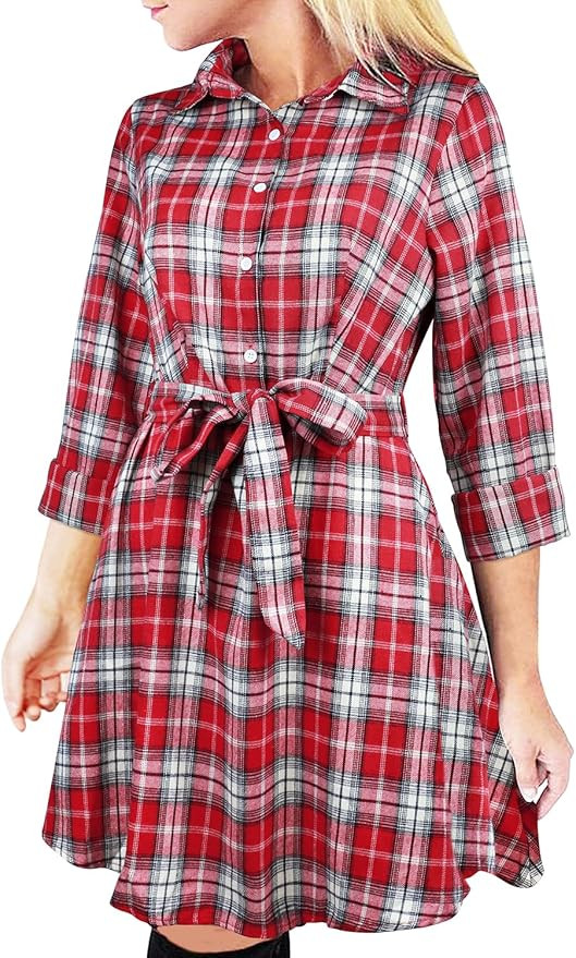 FANCYINN Women Long Sleeve Plaid Pattern Tunic Tops Shirt Casual Dress | Amazon (US)