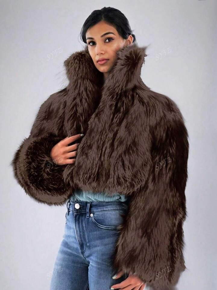 Women's Elegant Faux Silver Fox Gradient Long Sleeve Casual Fur Coat, Suitable For Christmas & Au... | SHEIN